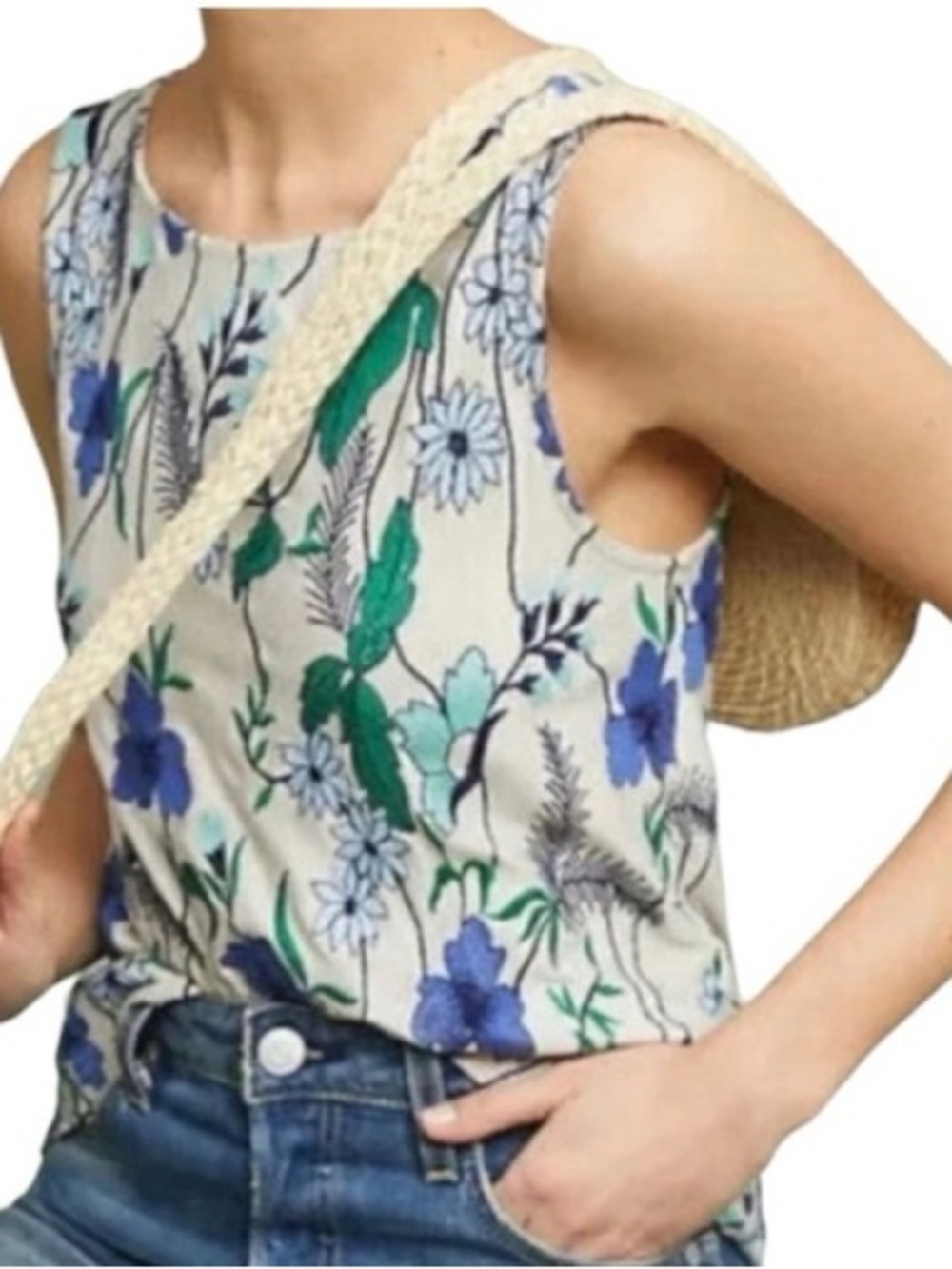 Anthropologie Sleeveless Floral Tank in Cream, Blue & Green